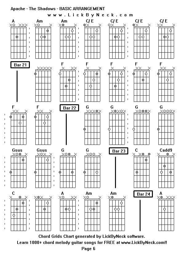 Chord Grids Chart of chord melody fingerstyle guitar song-Apache - The Shadows - BASIC ARRANGEMENT,generated by LickByNeck software.